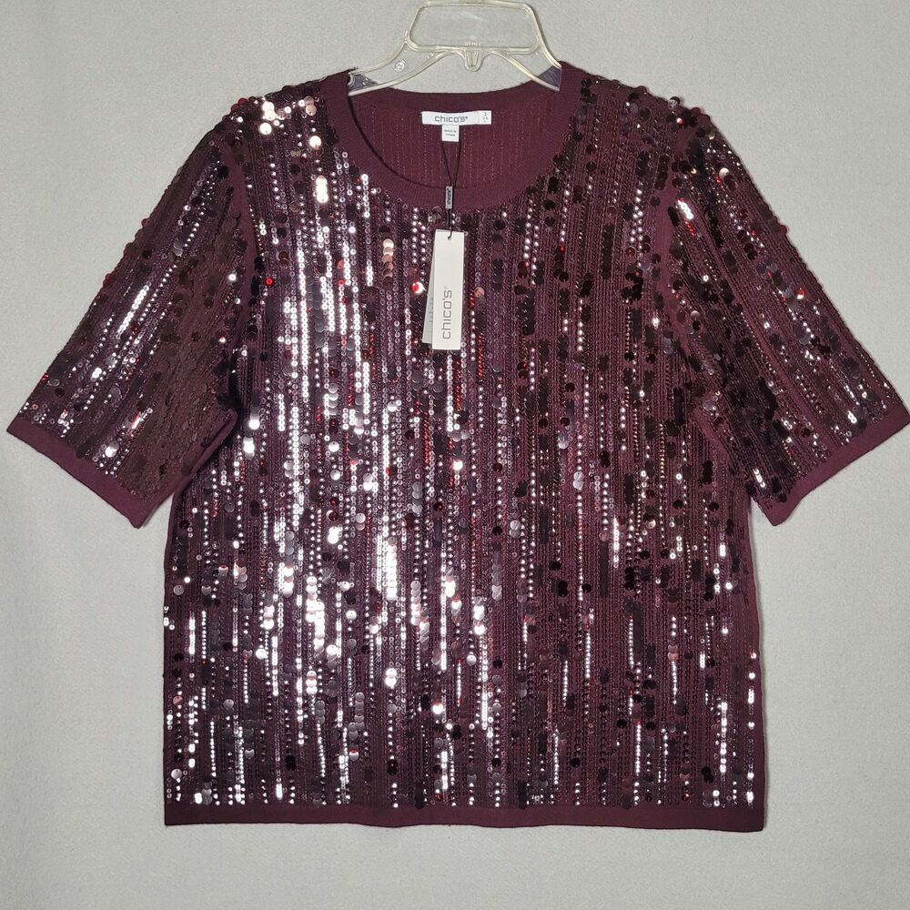 NWT Chicos Sequin Sweater Womens L Size 2 Plum Sparkle Holiday Cocktail Evening